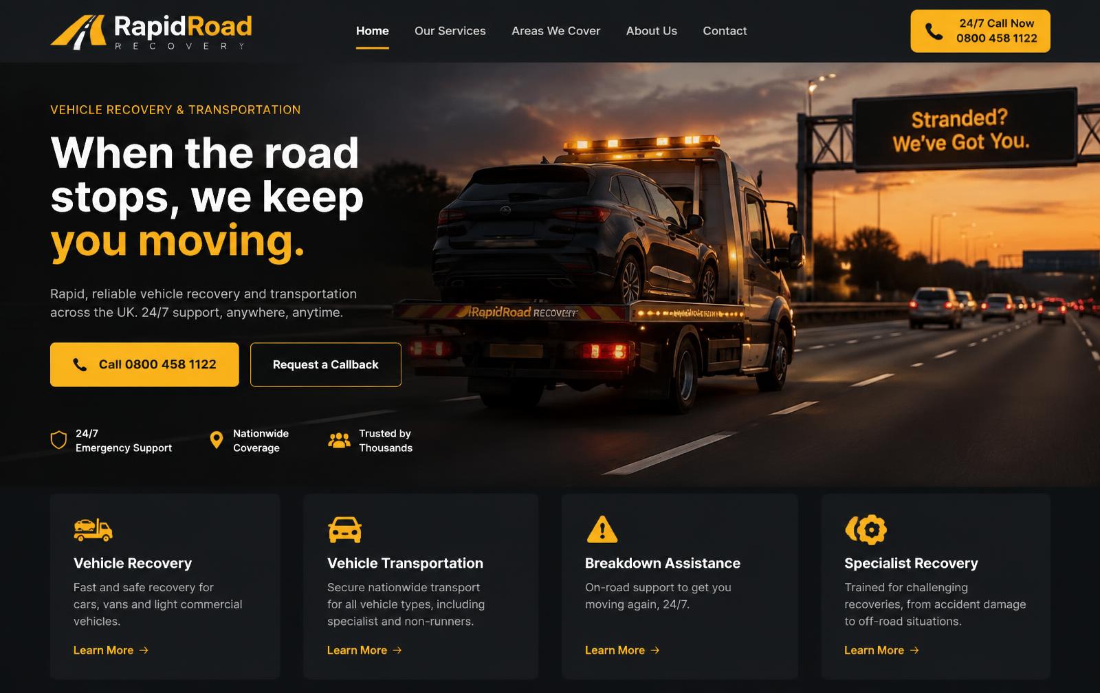 RapidRoad Recovery – Vehicle Recovery & Transportation website design concept